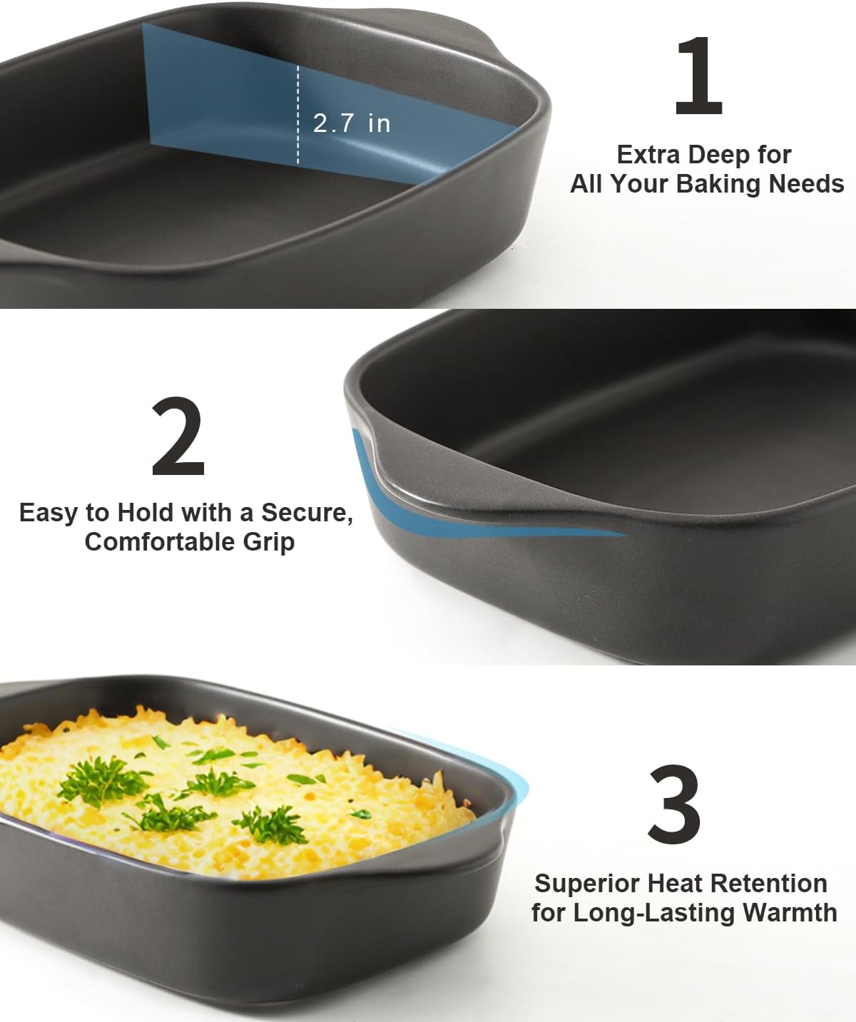 Casserole Dishes for Oven, Stoneware Baking Dishes Set of 3, Ceramic Baking Pan, Deep Rectangular Lasagna Pan, Farmhouse Bakeware Sets for Christmas Gift, (14.9"/12"/8.8"), Matte Black