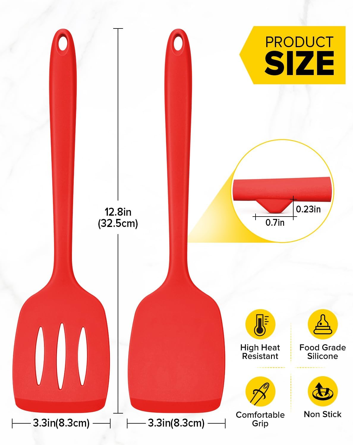 Pack of 2 Silicone Spatula Turners, Non Stick Slotted Kitchen Spatula Set, Heat Resistant BPA Free Kitchen Utensils, One-Piece Design, Suitable for Flipping Fish, Eggs, Steak, Pancakes (RED)