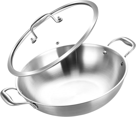 Inqibee 10-Inch Tri-Ply Stainless Steel Wok Pan with Lid,Small Stir Frying Pan,Jumbo Cooker,Induction Cooking Pan,Dishwasher and Oven Safe.