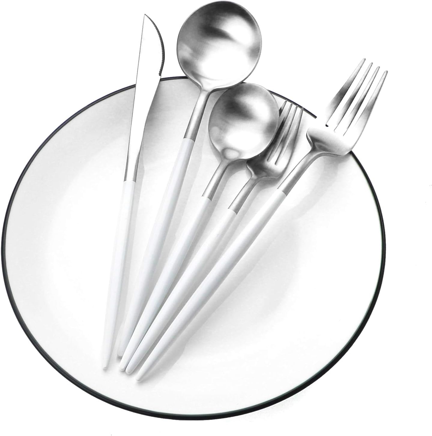 Gugrida White Silver Flatware, Royal 20-Piece Matte White Handle 18/10 Stainless Steel Tableware Sets for 4 Including Forks Spoons Knives, Camping Silverware Travel Utensils Set Cutlery (White Silver)