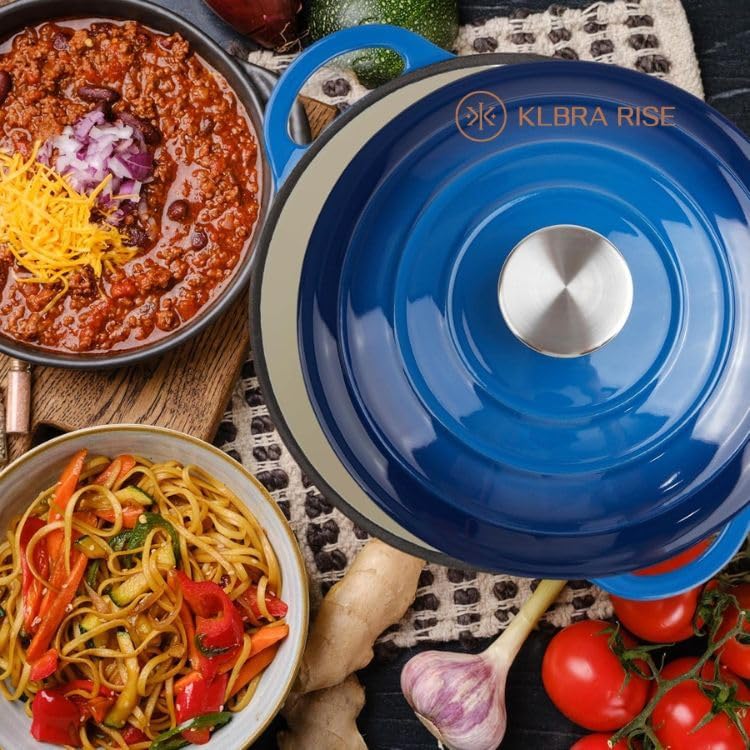 Cast Iron Dutch Oven Pot with Lid – Deep Cooking Pot for Bread, Stews, Casseroles – Oven Safe Cookware, Kitchen Essential & Wedding Gift – Compatible with All Heat Sources (Blue)