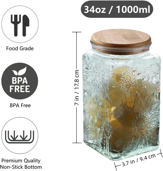 Vintage Square Sunflower Glass Jar with Lid - 34 FL OZ, Decorative Mason Jar for Home Kitchen Coffee Tea Sugar Cookie Candy Storage