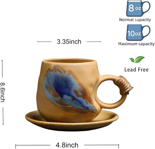 10oz Unique Vintage Retro Japanese Handmade Ceramic Cappuccino Barista Cup with Saucer, Coffee Cup and Saucer, Artisanal Stoneware Coffee Mug, Lead-Free Latte Art Mug (1, Light brown)