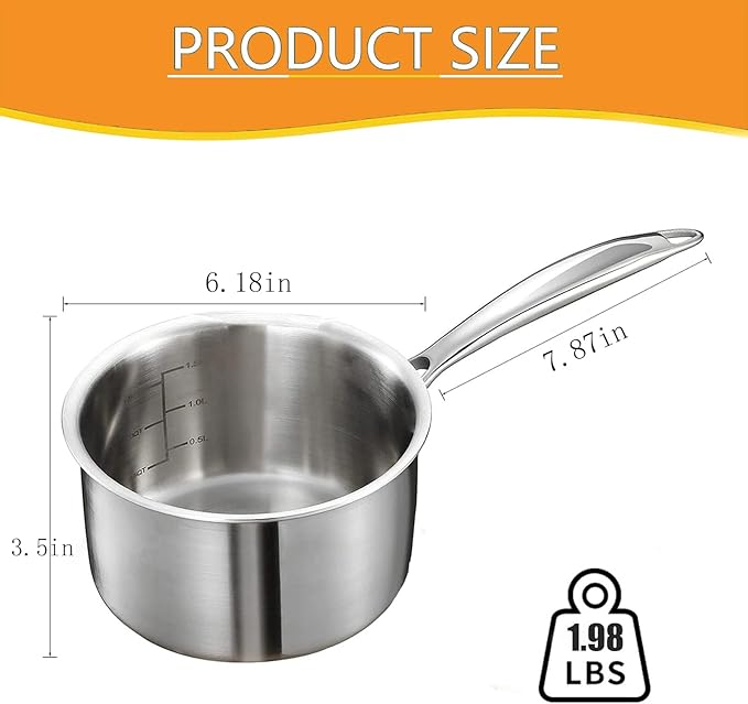 1 Quart Triple Stainless Steel Saucepan with Lid, Ramen Pot with Clear Glass Cover, Small Sauce Pan for Cooking Oatmeal, Induction-Ready, Dishwasher-Safe, Suitable for All Stoves