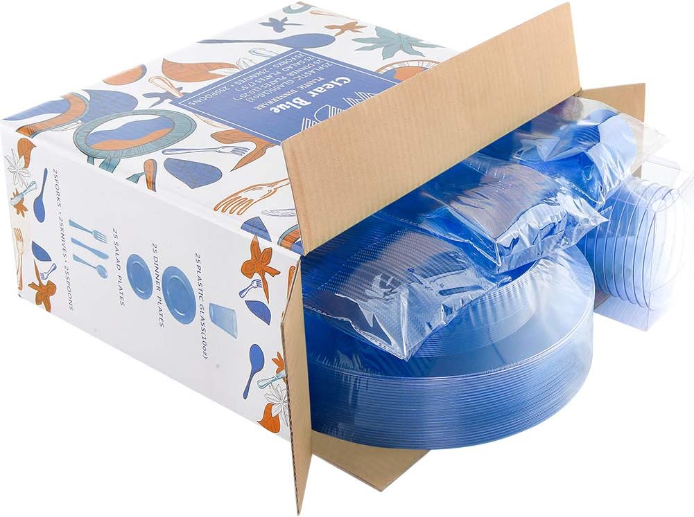 WDF 25 Guest Blue Plates with Disposable Silverware&Blue Cups-Neon Clear Plastic Dinnerware include 25 Dinner &Salad Plates,25Forks, 25 Knives, 25 Spoons,25 Cups for Graduation