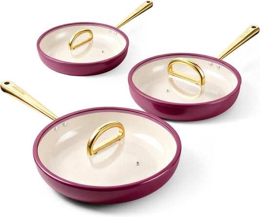 ROYDX Titanium Ceramic Nonstick Fry Pan Set 8", 10" and 12" Frying Pan Skillet Set with Glass Lids-Non Toxic, PTFE & PFOA Free - Oven Dishwasher Safe & Compatible with All Stovetops-Dark Purple
