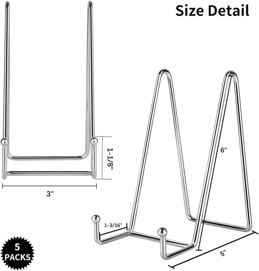 IBosins 5 Pack 6 Inch Plate Holder Display Stands, Metal Silver Frame Stand for Picture, Book, Photo Easel, Creation, Collectibles