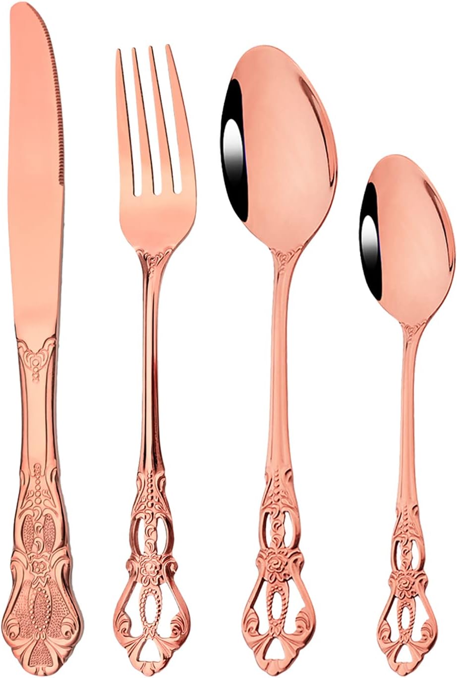 Royal 24-piece Rose Gold Mirror Silverware Dinnerware, 18/10 Stainless Steel Luxury Flatware Service For 6 Tableware Ideal For Wedding Home Restaurant, Dishwasher Safe