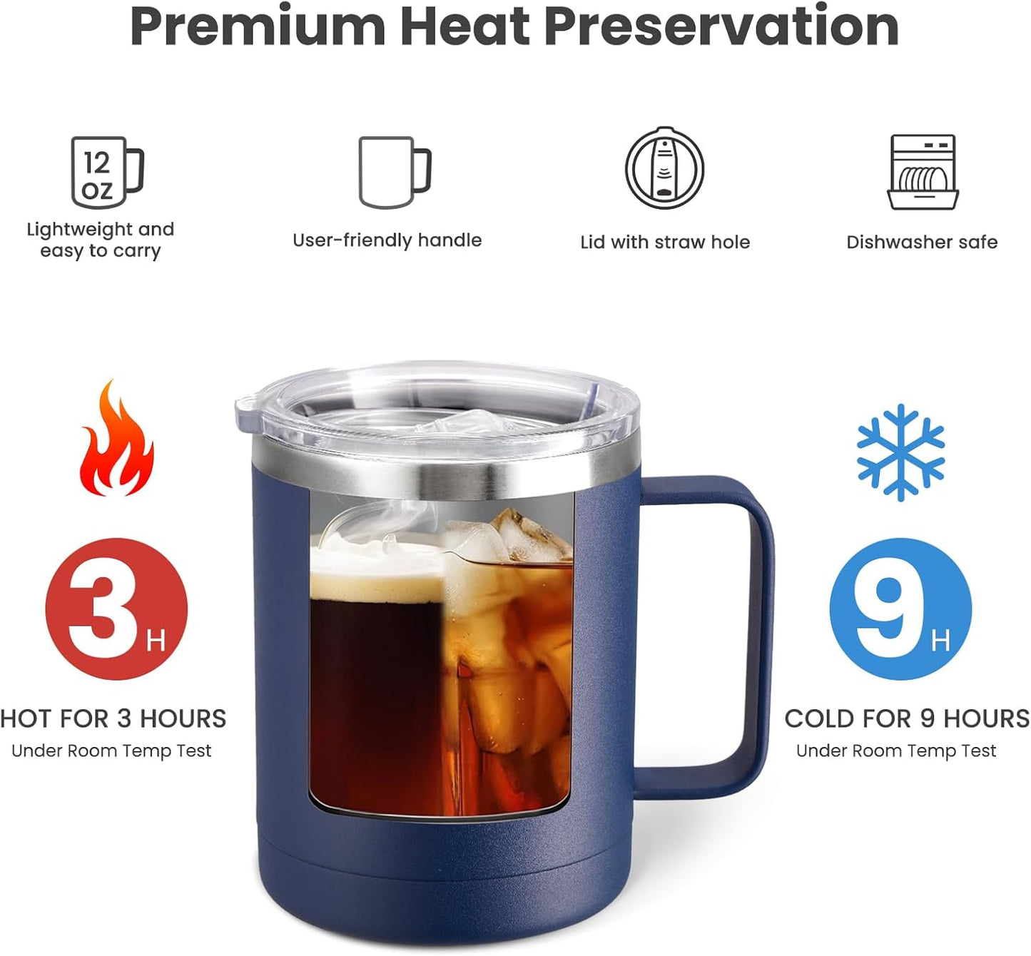 MEWAY 12oz Coffee Mug With Handle 2 Pack Bulk,Stainless Steel Insulated Travel Tumblers With Sliding Lid,Double Wall Vacuum Camping Cup for Hot & Cold Drinks (Navy Blue, 2)