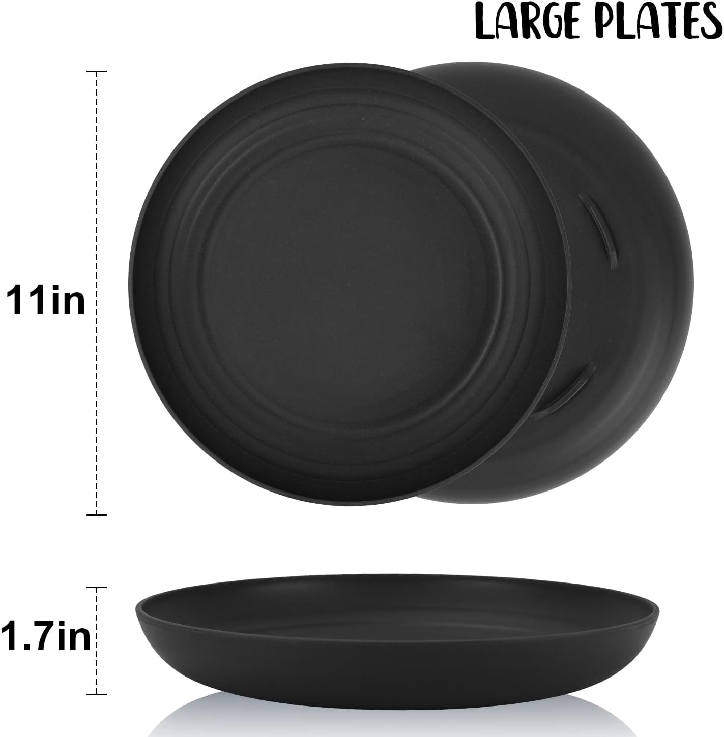 8 Pcs 11 Inch Wheat Straw Plates, Unbreakable Dinner Plates Reusable, Microwave Safe for Kitchen, Set of 8 (Black)