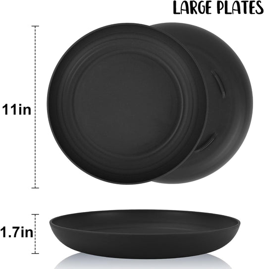 8 Pcs 11 Inch Wheat Straw Plates, Unbreakable Dinner Plates Reusable, Microwave Safe for Kitchen, Set of 8 (Black)