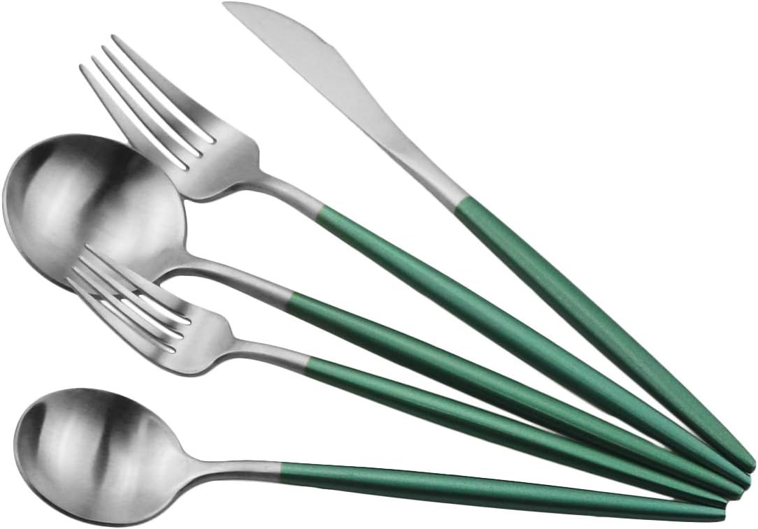Gugrida Luxury Flatware, Royal 20 Piece Matte White Handle 18/10 Stainless Steel Tableware Sets for 4 Including Forks Spoons Knives, Camping Silverware Travel Utensils Set Cutlery (Green Silver)