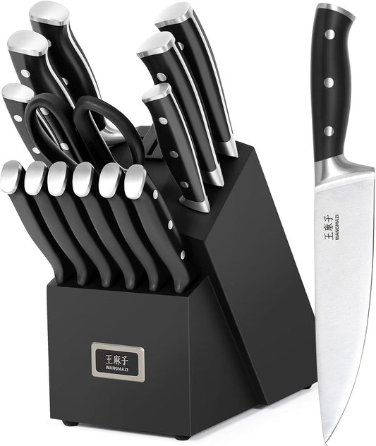 Premium Chef Knife Set,High Carbon Stainless Steel Ergonomic Rivet Handle,Sharp Knife Set for Kitchen,Hundreds of Years of Masterful Craftsmanship(Black,15PCS)