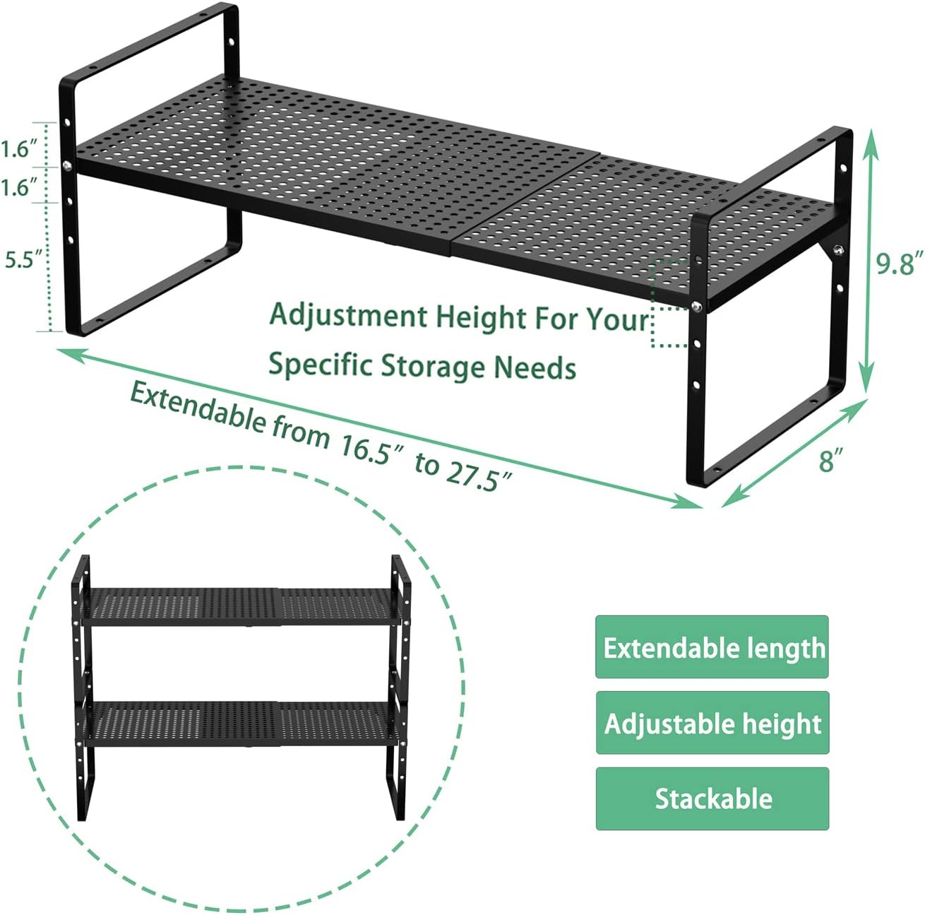 Redrubbit Expandable Cabinet Storage Shelf, Adjustable Height Steel Metal Kitchen Counter Organizers Shelves Spice Rack for Kitchen Pantry Bathroom Cupboard Desk Home Office, Black-1 Pack