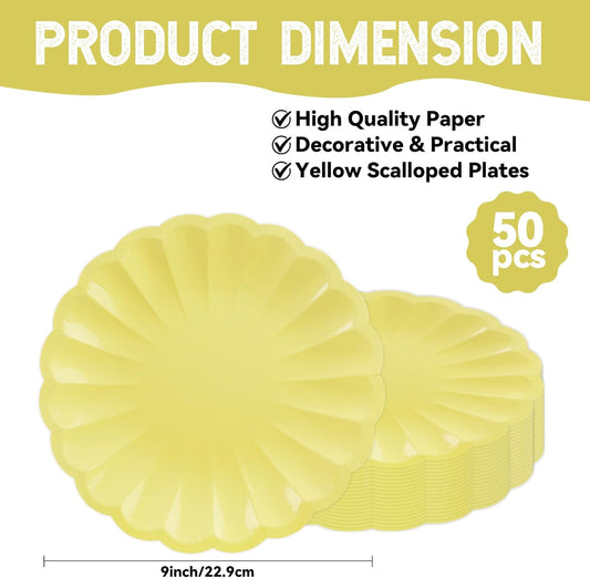 50Pcs Large Scalloped Yellow Paper Plates 9Inch Shell Edge Dinner Plates for Cake Salad Fruit Disposable Dinner Serving Plates for Birthday Wedding Baby Shower Party Decorations