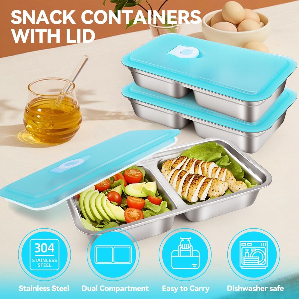 2 Pack Stainless Steel Snack Containers, Reusable Grab and Go Snack Containers with Lids, Double Compartment Food Storage Containers for Travel, Outdoor Camping