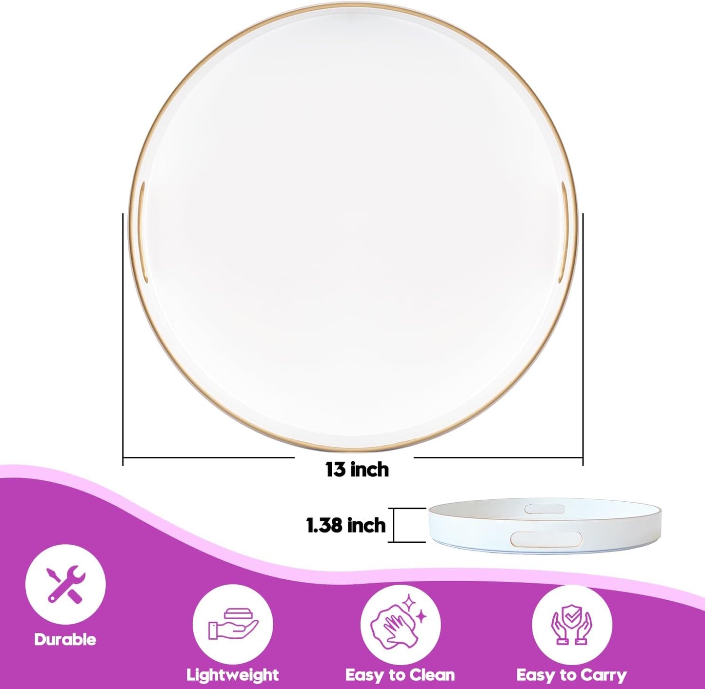 Gifturbo White Round Serving Tray,Decorative Serving Trays with Handles, Coffee Table Tray Ottoman Round Plastic Trays for Living Room, Bathroom