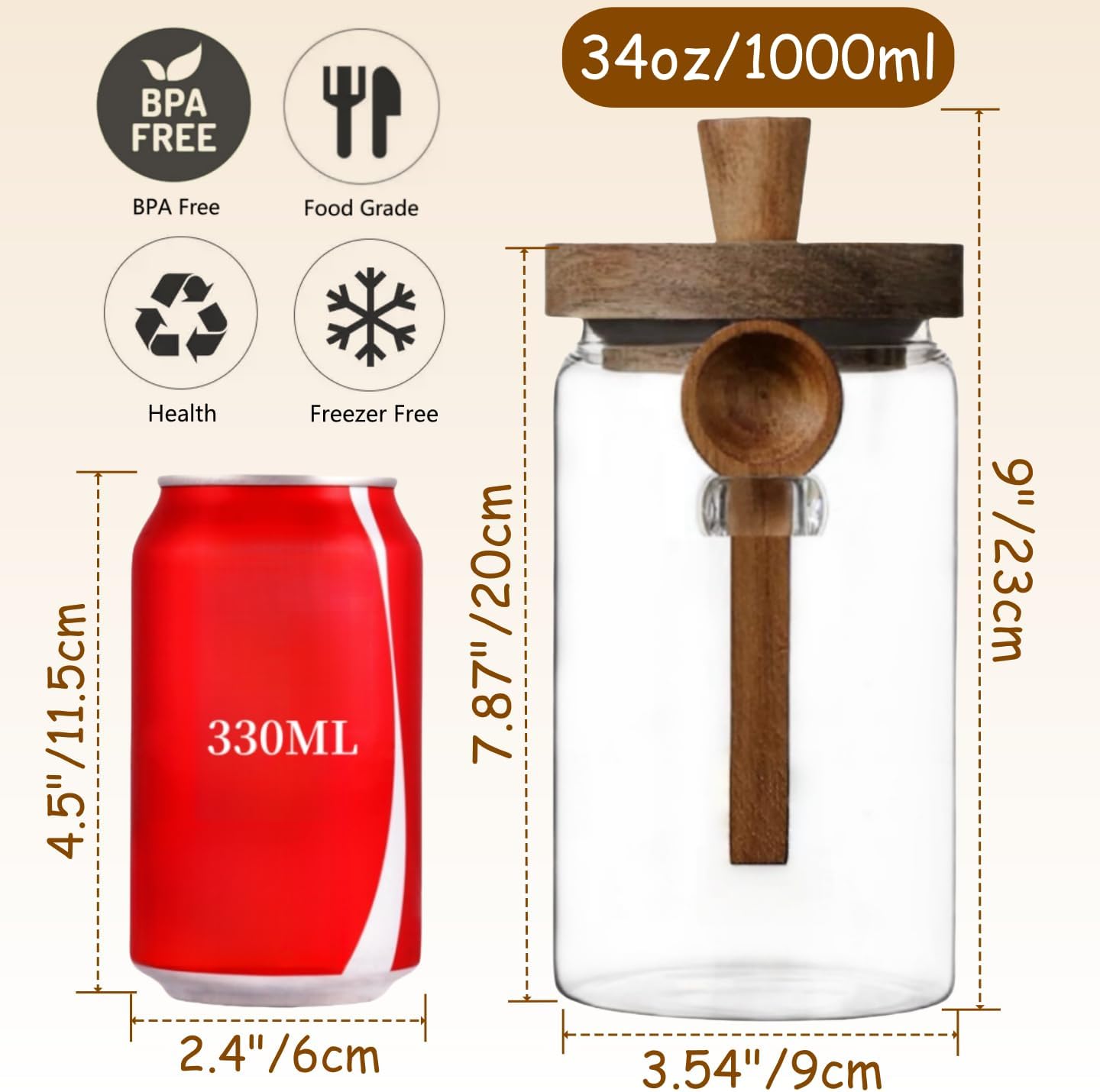 ANSQU 34oz Glass Jar with Wooden Lid & Spoon, Food Storage Containers Coffee Jar Coffee Grounds Container, Food Storage Canister, Kitchen Pantry Storage Container