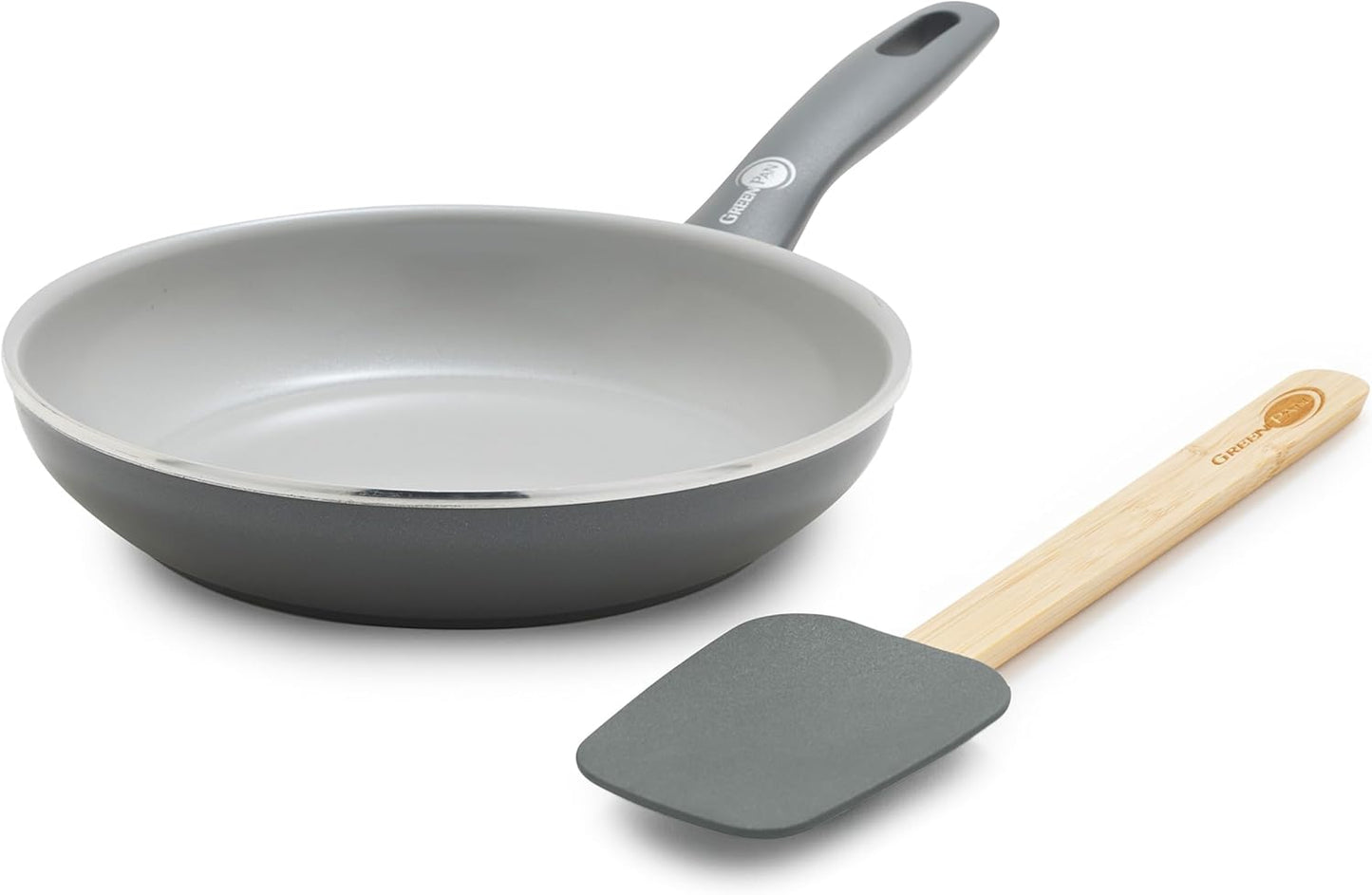 GreenPan Dover 8” Frying Pan Skillet with Spatula, Non-Toxic PFAS-Free Ceramic Nonstick Coating, Sear Saute Fry Egg Omlete, Dishwasher & Oven Safe, Stay-Cool Handle, Easy Pour Rims, Gray
