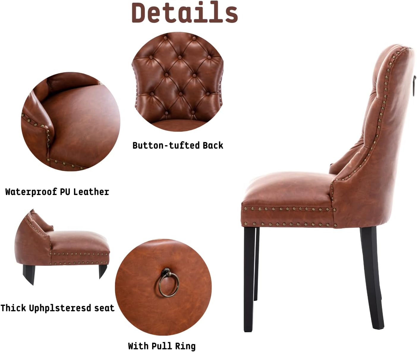 Brown Leather Dining Chairs Set of 2 Mid Century Modern Tufted Chairs Armless Rubber Wood Vintage Furniture Chairs Upholstered Nailhead PU Side Chair with Pull Ring for Kitchen/Cafe Decor