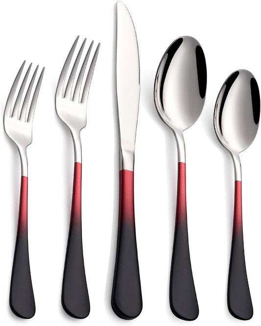 20-Piece Black Red Silverware Set, 18/0 Stainless Steel Colorful Handle Flatware Set,Service for 4,Modern Cutlery Set Includes Dinner Knives Forks Spoons,Mirror Polished,Dishwasher Safe