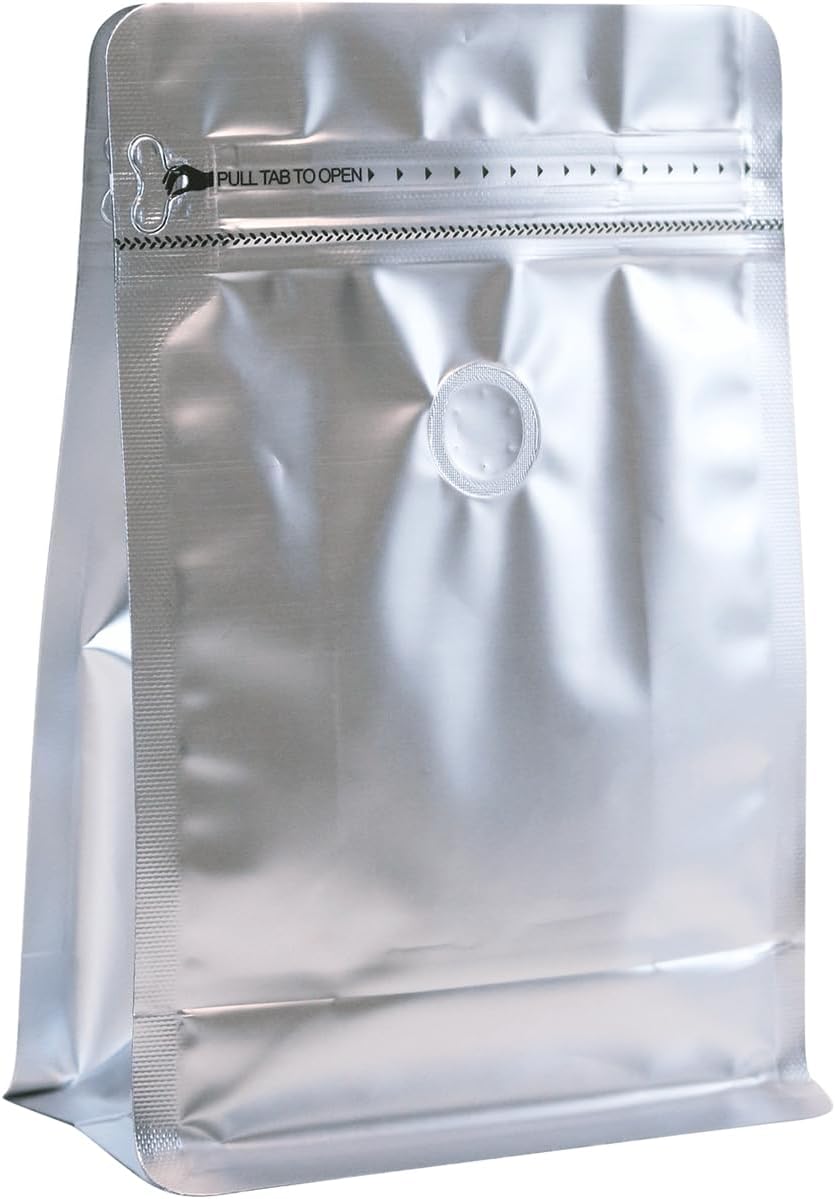 150 Pack High Barrier Stand-Up Coffee Bean Bags with Vented Valve, Matte Metallic, Heat-Sealable and Resealable Solid Color Pouches for Food Storage (6 * 12.8 inch,2 lb,32 oz,Silver)