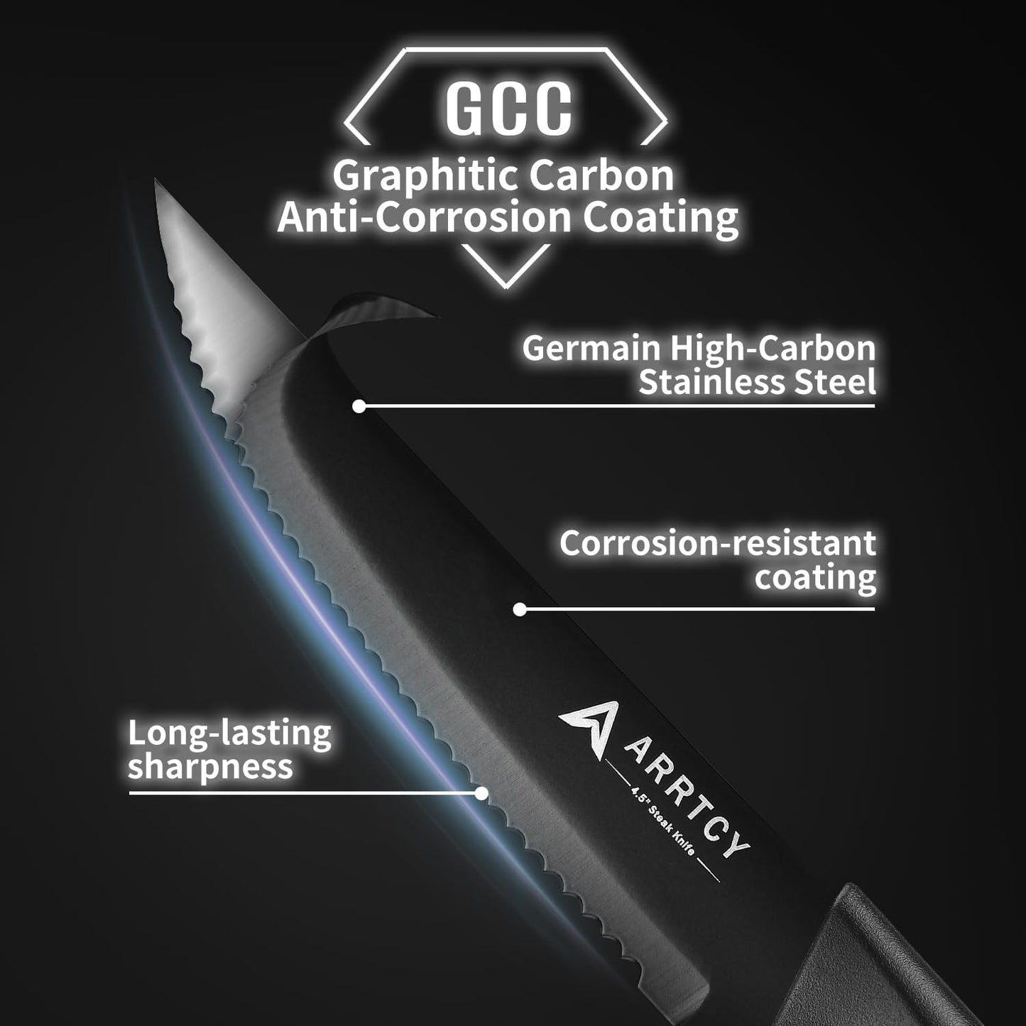 Steak Knives Set of 4 - German Stainless Steel 4.5 Inch Serrated Steak Knives - Ergonomic Anti-Slip Handles - Dishwasher Safe - Elegant Gift for Holidays - Black