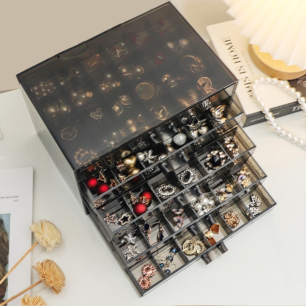 Earring Storage Box Organizer, Acrylic Jewelry Storage Box Holder 5 Drawers Transparent Jewelry Display Stand with 120 Small Compartments Gift Boxes for Women Girls (Clear Black)