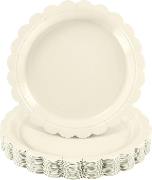 30 Pcs Cream Plates Disposable 9 Inch Scalloped Thanksgiving Plates Cute Beige Dessert Cake Plate Ivory Dinner Plate for Thanksgiving, Baby Bridal Shower, Wedding