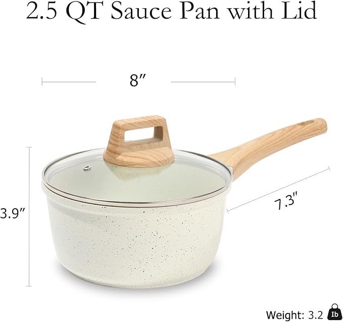 ESLITE LIFE Nonstick Sauce Pan with Lid, 2.5 QT Small Soup Pot Compatible with All Stovetops (Gas, Electric & Induction), PFOA Free, White