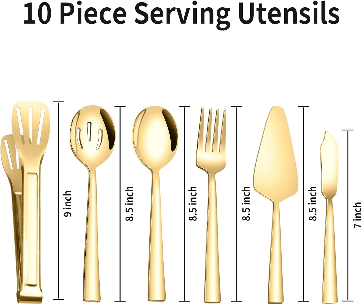 10 Piece Gold Serving Utensils, Amafox Stainless Steel Catering Serving Utensils Set Include Large Spoons, Slotted Spoons, Forks, Appetizer Tongs 9'', Cake Server, Butter Knife, for Daily Use