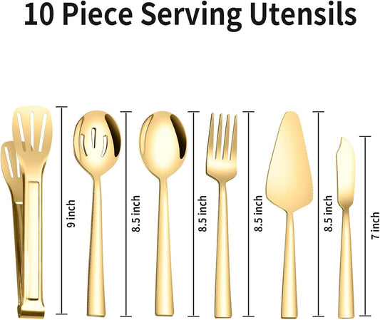 10 Piece Gold Serving Utensils, Amafox Stainless Steel Catering Serving Utensils Set Include Large Spoons, Slotted Spoons, Forks, Appetizer Tongs 9'', Cake Server, Butter Knife, for Daily Use