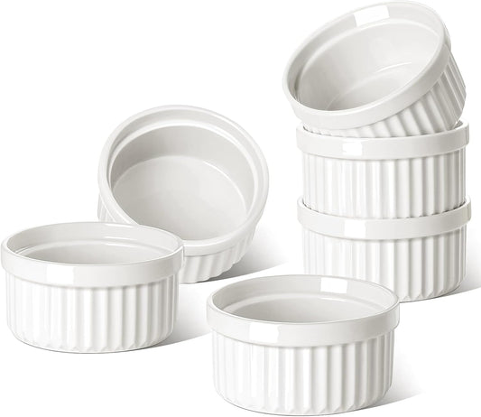 LE TAUCI Ramekins 6 OZ, Ceramic Souffle Dishes, Oven Safe Custard Cups for Baking, Creme Brulee, Pudding, Dessert, Microwave & Dishwasher Safe, Set of 6, White