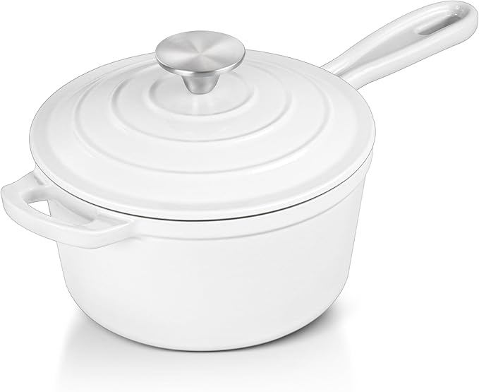 Enameled Cast Iron Sauce Pan with Lid, Leonyo 1 Quart Saucepan with Lid, Heavy Duty Cast Iron Pot Kitchen Cookware for All Cooktops Cooking Pasta Sauce, Soup, Milk - Up to 500°F & 4.4Lbs, White