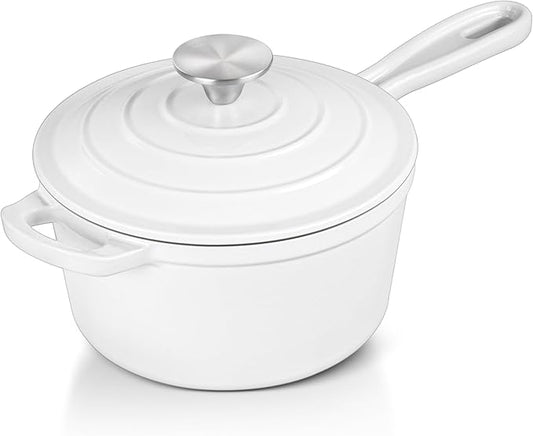 Enameled Cast Iron Sauce Pan with Lid, Leonyo 1 Quart Saucepan with Lid, Heavy Duty Cast Iron Pot Kitchen Cookware for All Cooktops Cooking Pasta Sauce, Soup, Milk - Up to 500°F & 4.4Lbs, White