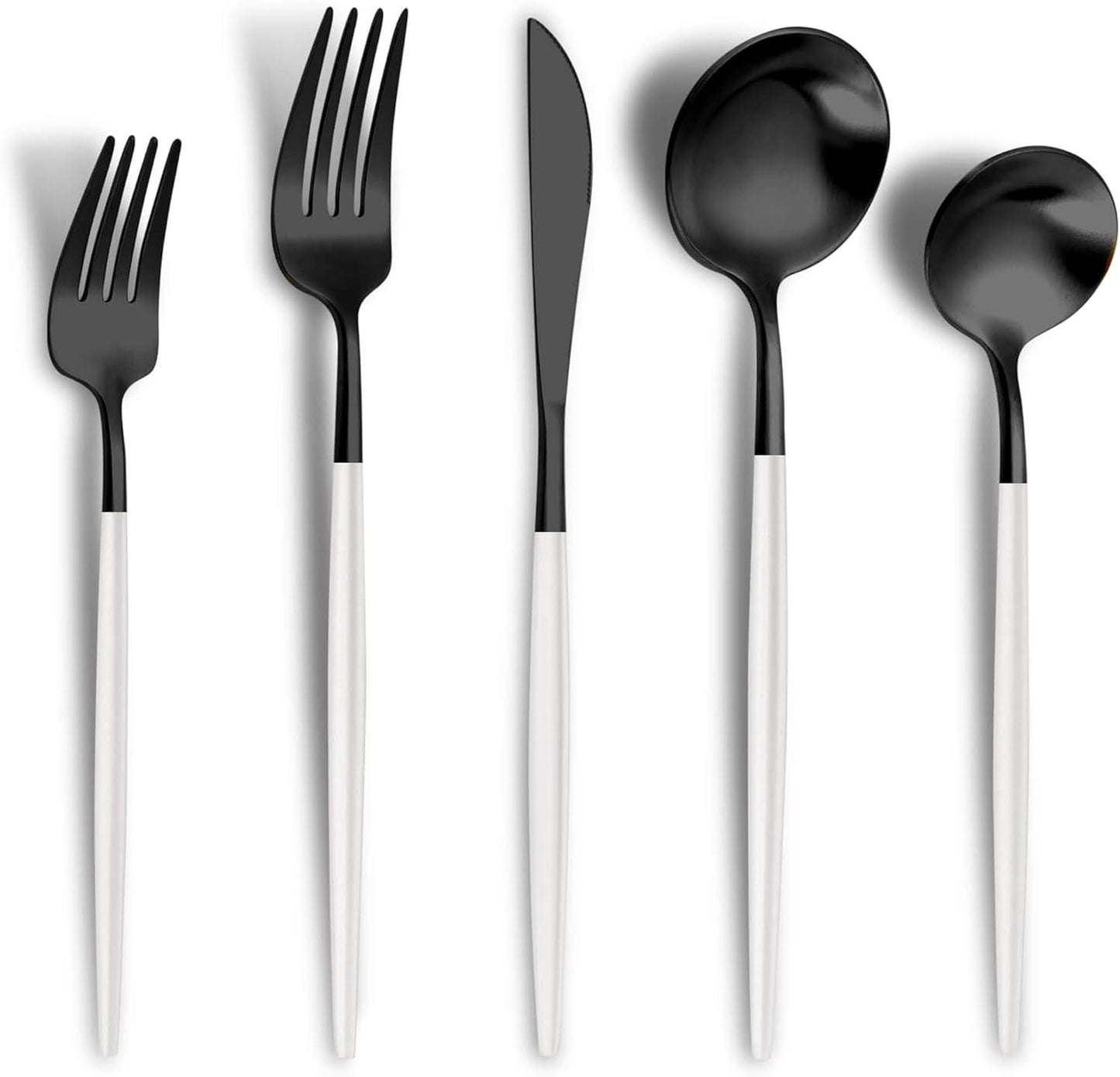 Lemeya Matte Black White Silverware Set for 6,Modern Stainless Steel Brushed Cutlery Set,30-Pieces Heavy Duty Flatware Set,Knives Spoons and Forks Set Utensils Set, Satin Finish, Dishwasher Safe