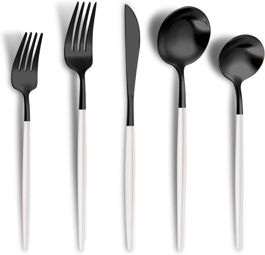 Lemeya Matte Black White Silverware Set for 6,Modern Stainless Steel Brushed Cutlery Set,30-Pieces Heavy Duty Flatware Set,Knives Spoons and Forks Set Utensils Set, Satin Finish, Dishwasher Safe