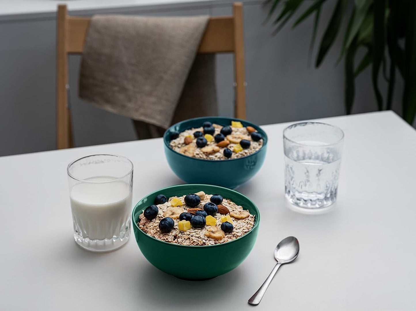 KooK Soup Bowls, Cereal Bowl, Ceramic, Bowls for Kitchen, Microwave, Dishwasher and Freezer Safe, Porcelain Dishes for Pasta, Salad, Oatmeal, Deep Interior, 20 oz, Set of 6, (Hunter Green)