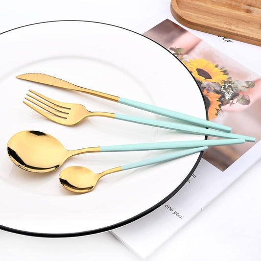 Mirror Cutlery Serving Set, 24-piece 18/0 Stainless Steel Silverware With Mint Green Handle Simple & Modern Tableware For Home Party Dinner, Service For 6 (Mint Green Gold)