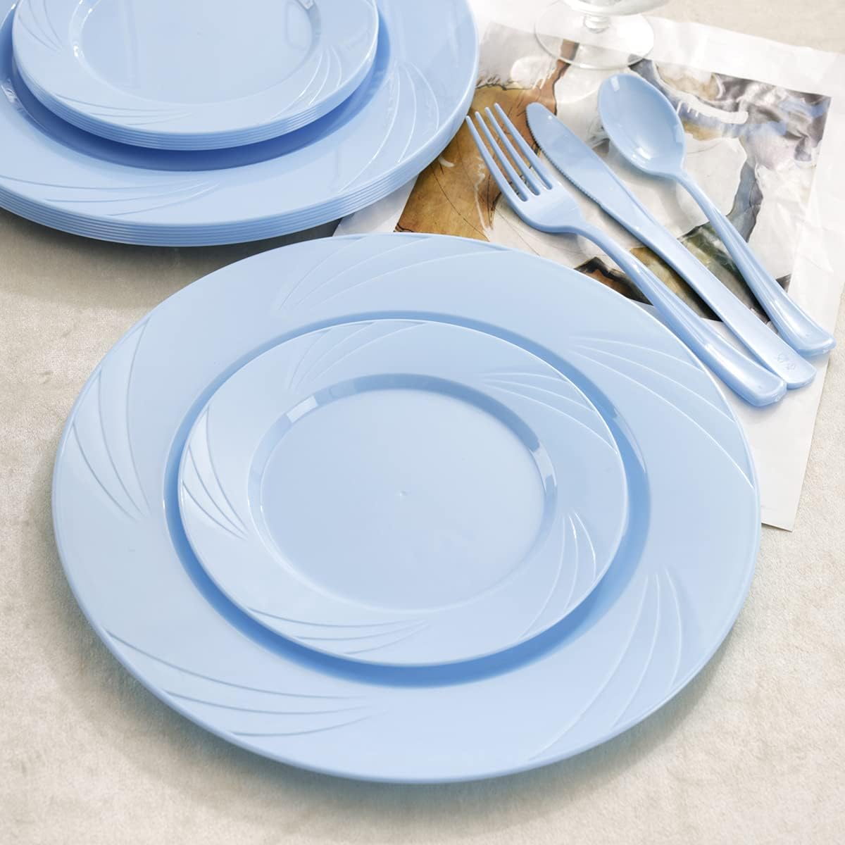 YOUBET 125Pieces Blue Plastic Plates - Blue Baby Shower Plates Disposable - Include 25 Dinner Plate 25 Dessert Plate 25 Forks 25 Knives 25 Spoons for Birthday Party & Baby Shower Gifts