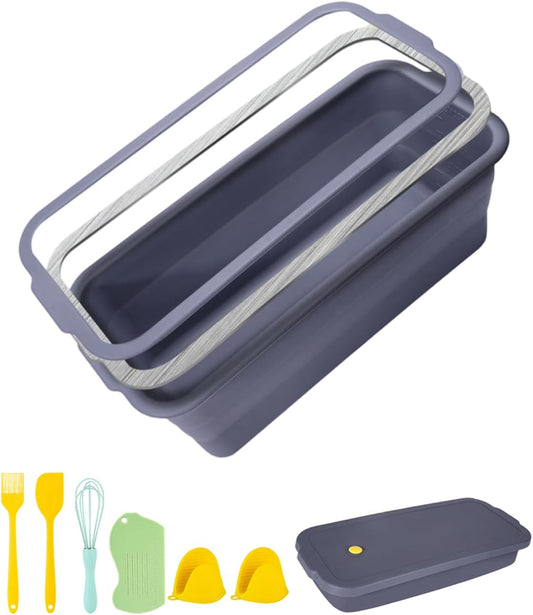 Large size foldable silicone bread loaf pan with lid,11x4.7 Inch easy to store non stick Bread Baking Pans,Sourdough Bread Pan with Baking Tool Supplies Kit for Homemade Bread, Cake