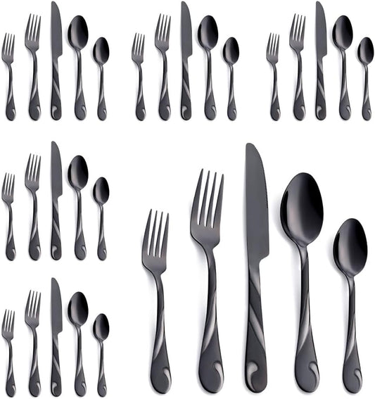 Black Silverware Set for 6, 30-Piece Stainless Steel Flatware Set, Shiny Black Metal Cutlery Set, Include Fork, Knife and Spoon Set, Dishwasher Safe