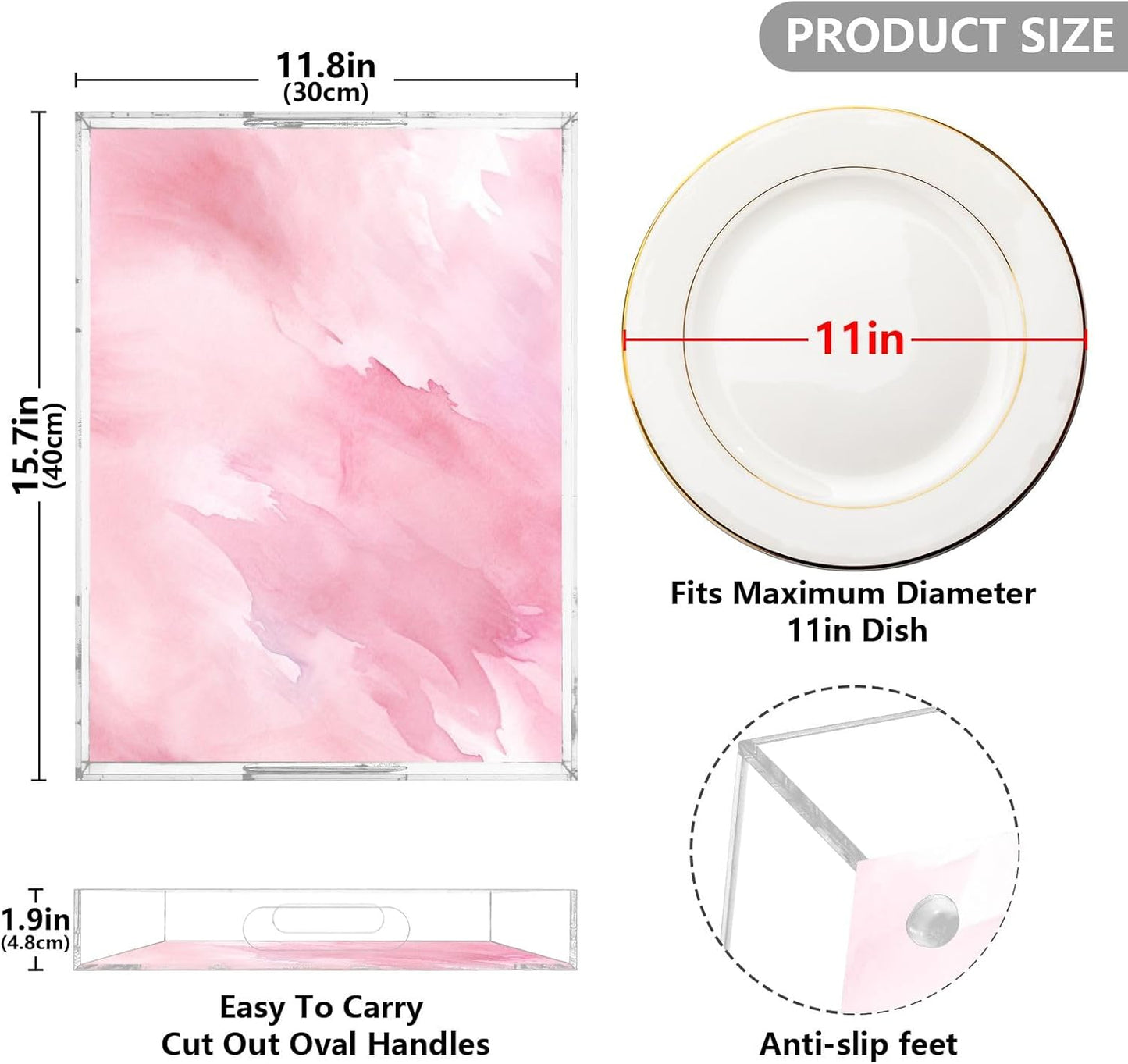 Plastic Food Serving Tray Decorative Vanity Trays for Bathroom Pink Marble Coffee Table Kitchen Counter 11.8 * 15.7in