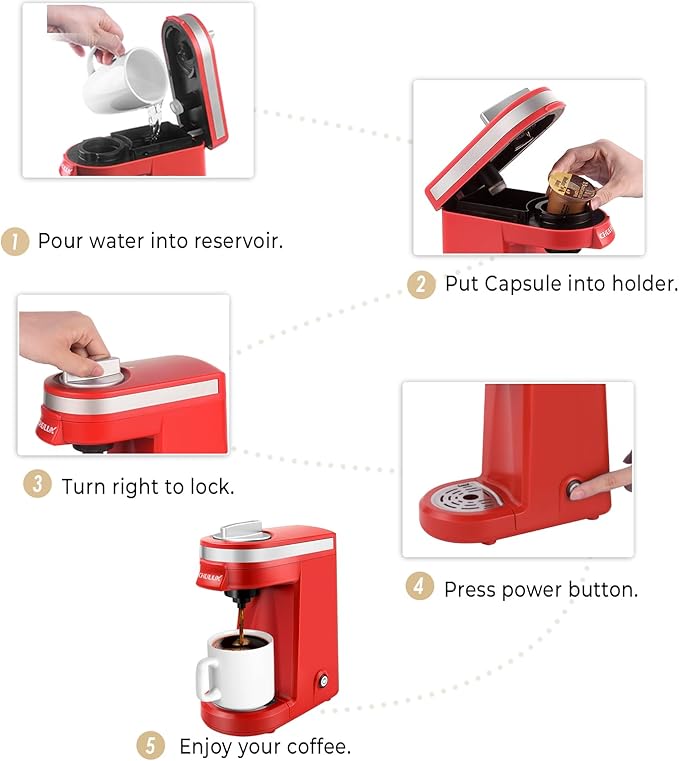 CHULUX Mini Coffee Maker for K Capsule, Single Serve Coffee Maker for One Cup Americano, Lightweight Pod Coffee Machine, Red