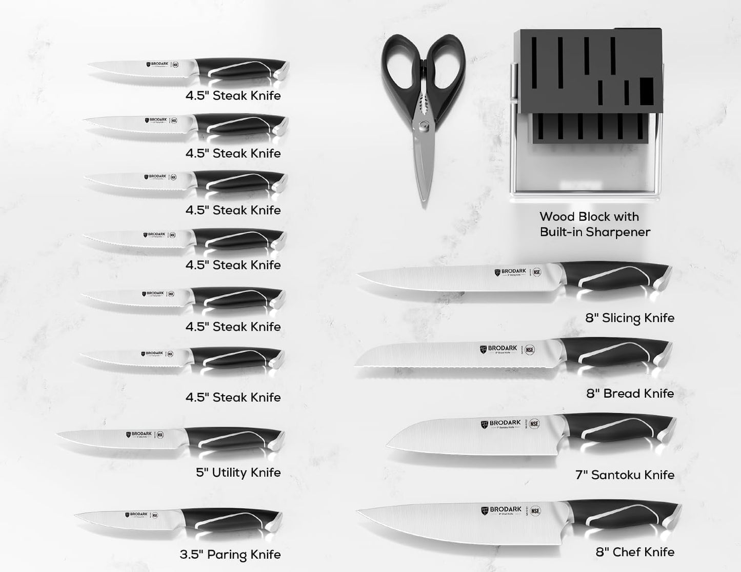 BRODARK Kitchen Knife Set with Block and Sharpener, 15 Pcs Sharp Knives Set for Kitchen, Stainless Steel Full Tang Knife Block Set, Ergonomic Handle Professional Chef Kitchen Knives Sets
