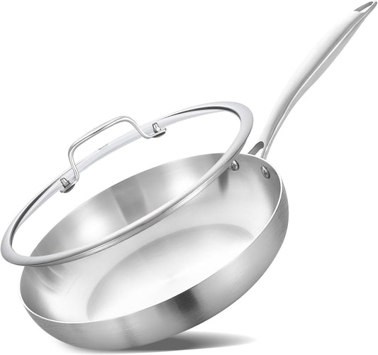 Inqibee 10 Inch Tri-Ply Stainless Steel Frying Pan with Lid,Skillet,Induction Cooking Pan,Dishwasher and Oven Safe