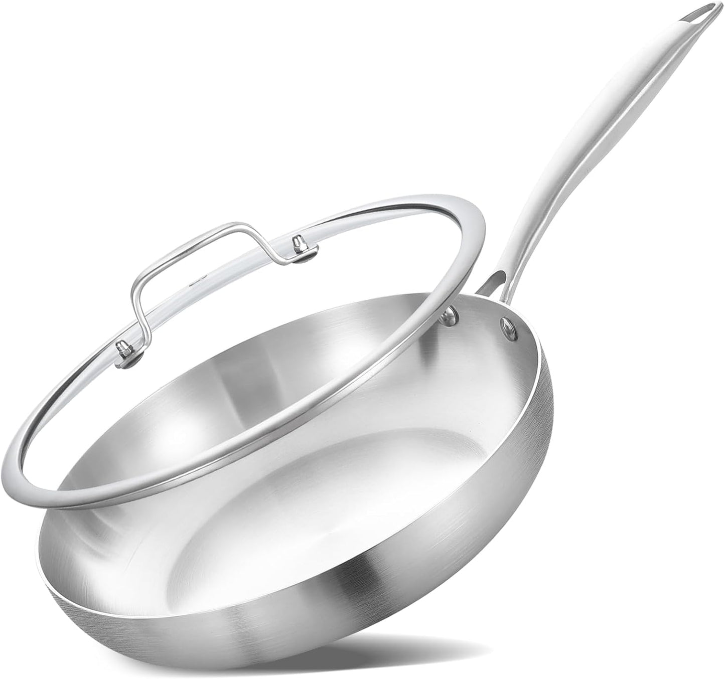 Inqibee 8.5 Inch Tri-Ply Stainless Steel Frying with Lid,Small Skillet,Induction Cooking Pan,Dishwasher and Oven Safe