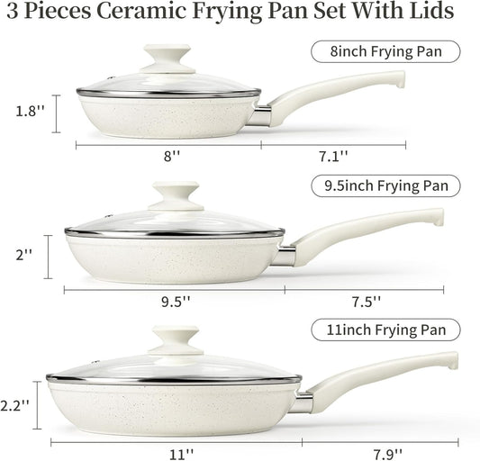 Ceramic Nonstick Frying Pan Set - White Pans With Lids, Induction Skillets for Eggs & Omelets, Healthy No Toxic Cookware, PFOA&PFAS Free