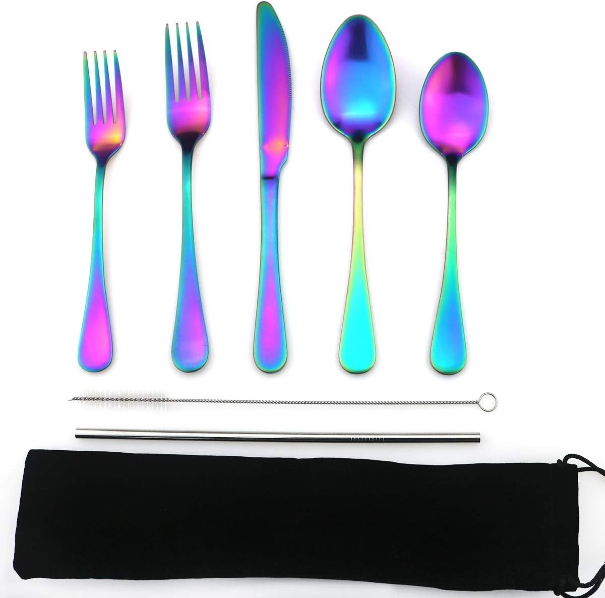 JASHII Modern Royal 5 Pcs Matte Rainbow 18/10 Stainless Steel Utensils Cutlery Dinnerware Set w/Drinking Straw, Knife Fork and Spoon Flatware Set for Wedding Festival Christmas Party Service for 1