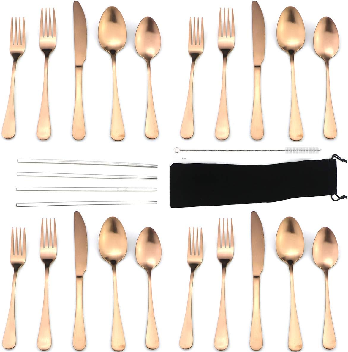 JASHII Modern Royal 20 Pcs Matte Rose Gold 18/10 Stainless Steel Utensils Cutlery Dinnerware Set w/ 4 Pcs Straw, Knife Fork and Spoon Flatware Set for Wedding Festival Christmas Party Service for 4
